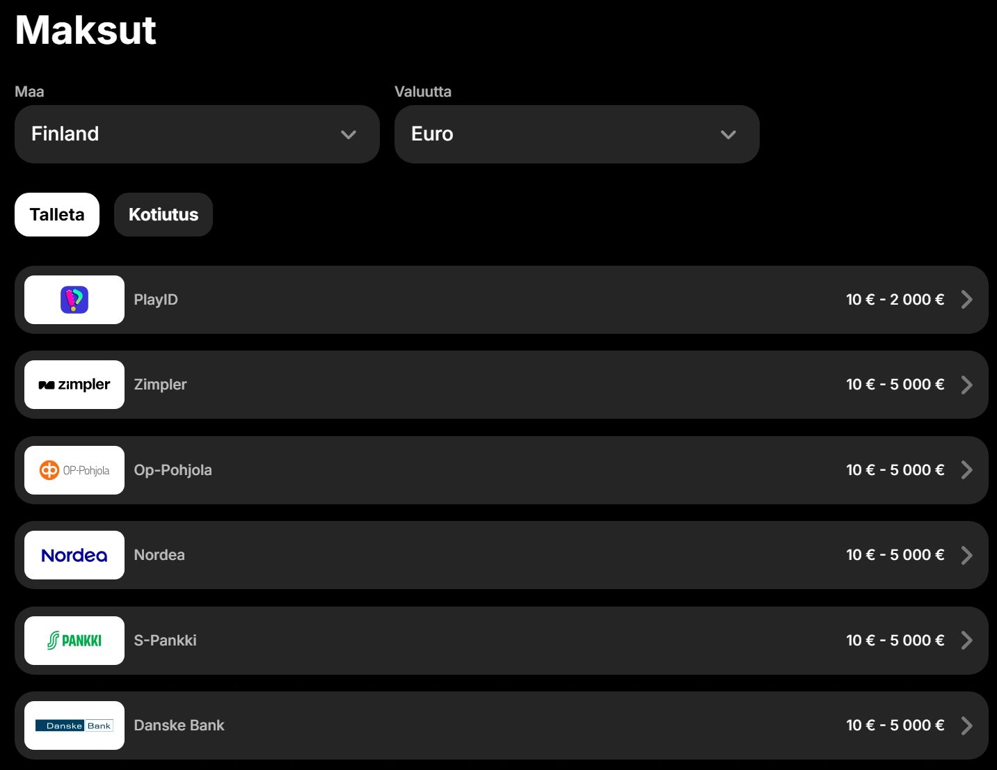 Maksutapa Spinit Casinolla