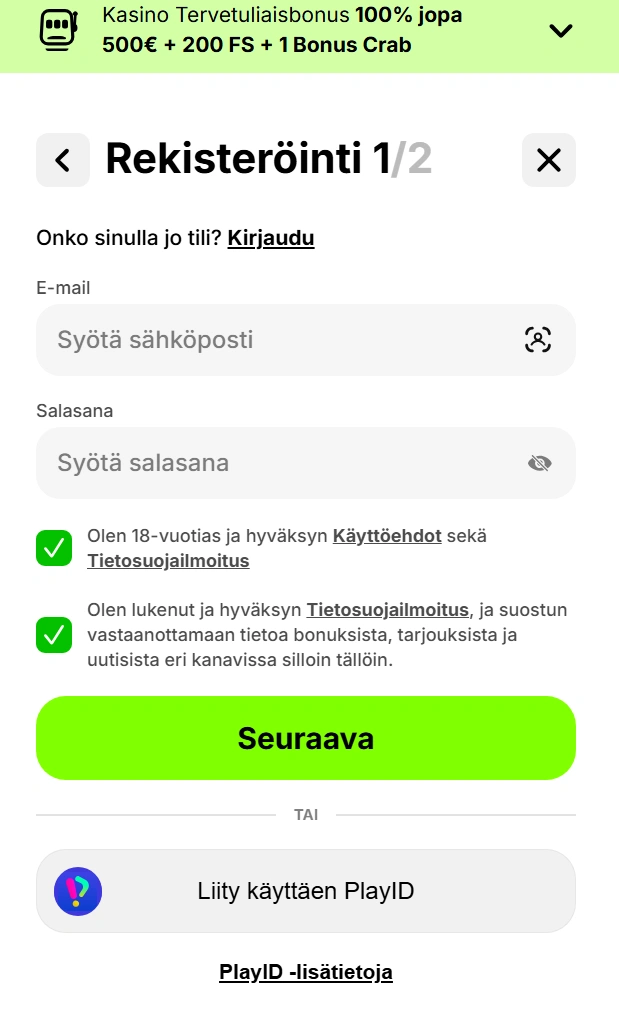 Rekisteröinti ja kirjautuminen Spinit Casinolle